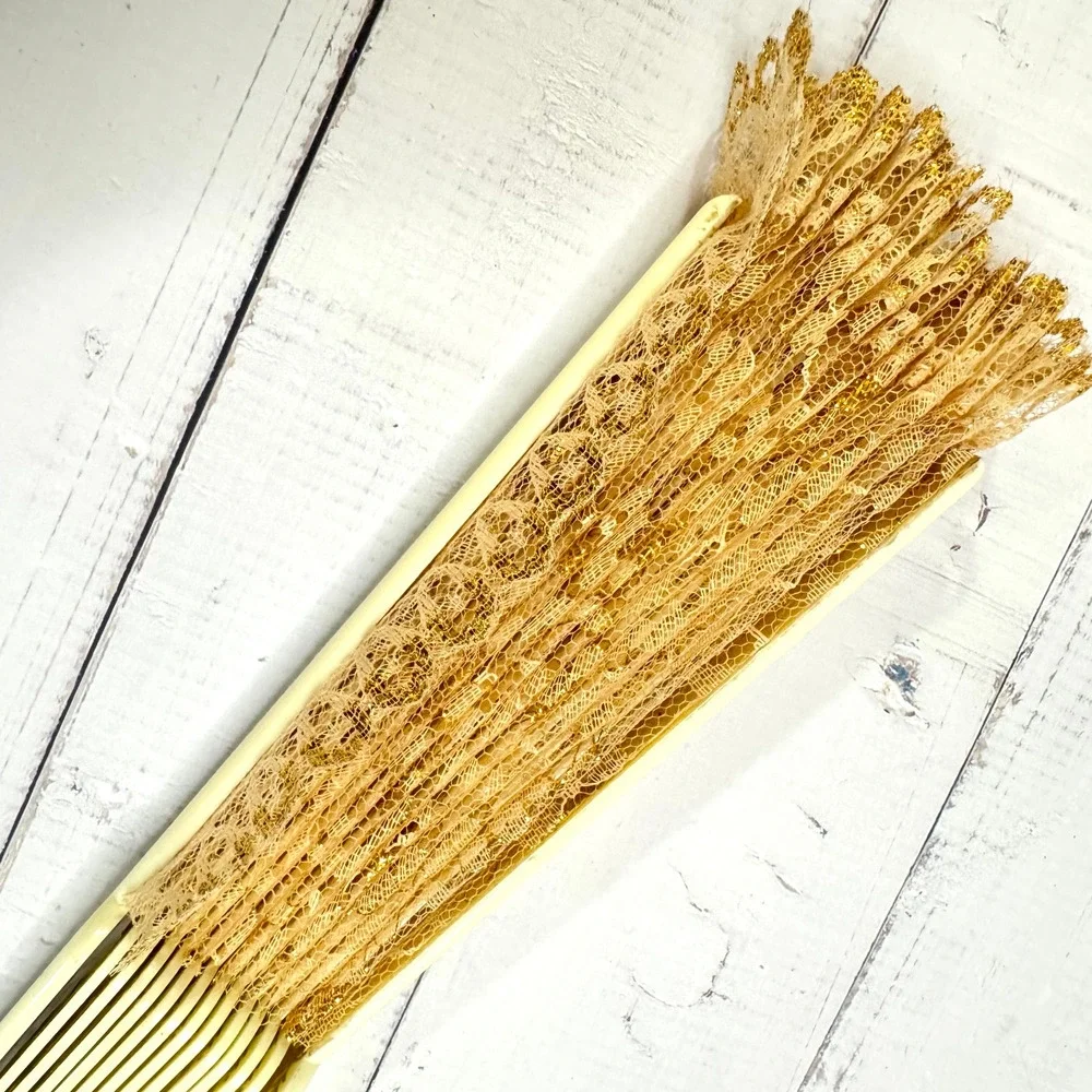 NOS Vintage Spanish Folding Hand Fan Gold Lace Filigree 19